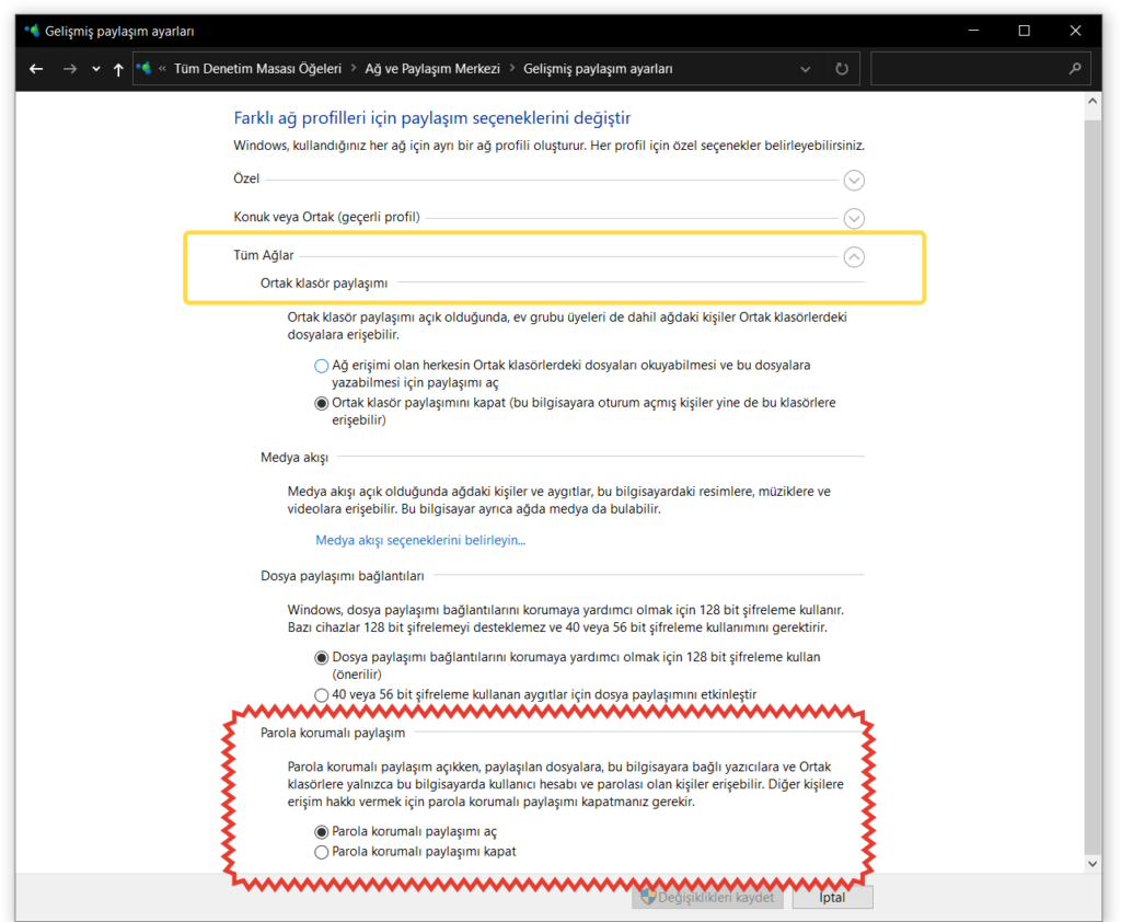 Parola Korumalı Paylaşımı Kapat