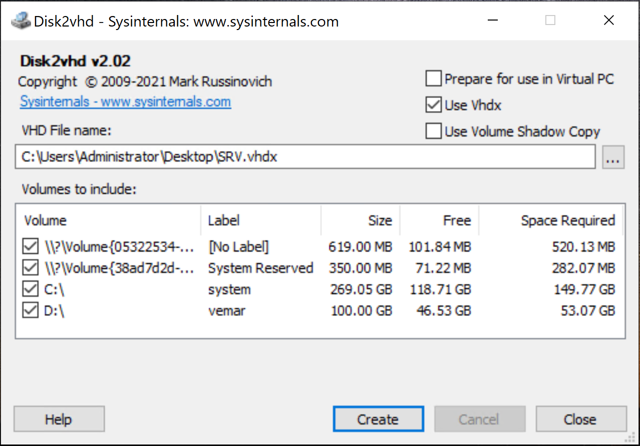 Disk2vhd v2.02 arayüzü: VHDX dosya adı, biçim seçenekleri ve dahil edilecek disk bölümleri
